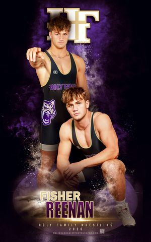 Athletic wrestler poses in black singlet against dramatic purple background with lighting effects.