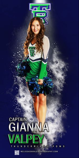 Dynamic athletic photo series featuring a cheerleader in green and white uniform against a dark background with powder effects.