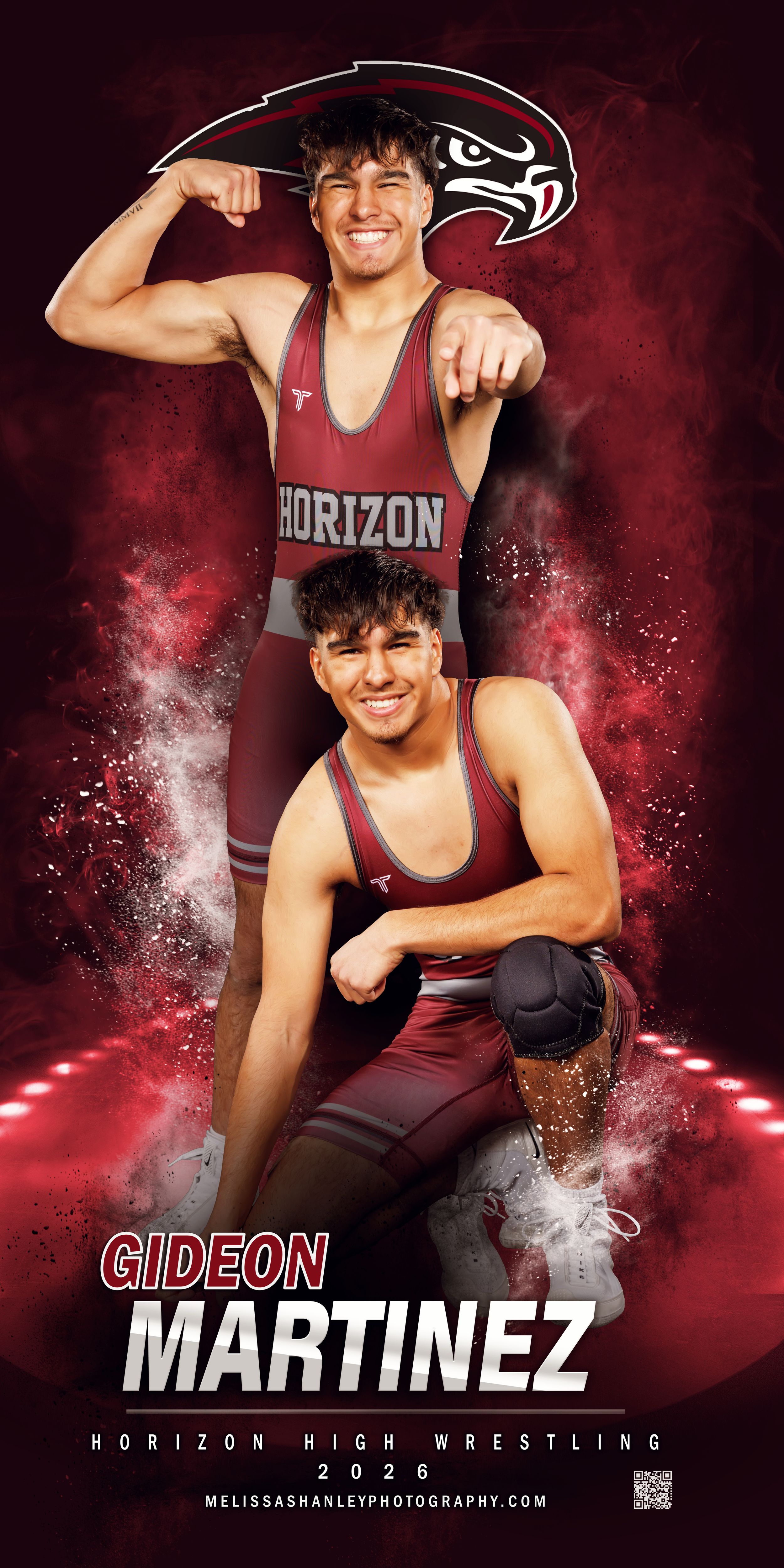 High school wrestler poses in maroon Horizon team uniform against dramatic red and white smoky background for sports portrait.