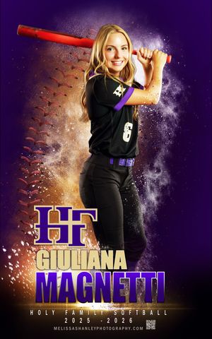 Dynamic softball player poses in black uniform against explosive purple and orange backdrop for sports photography shoot.