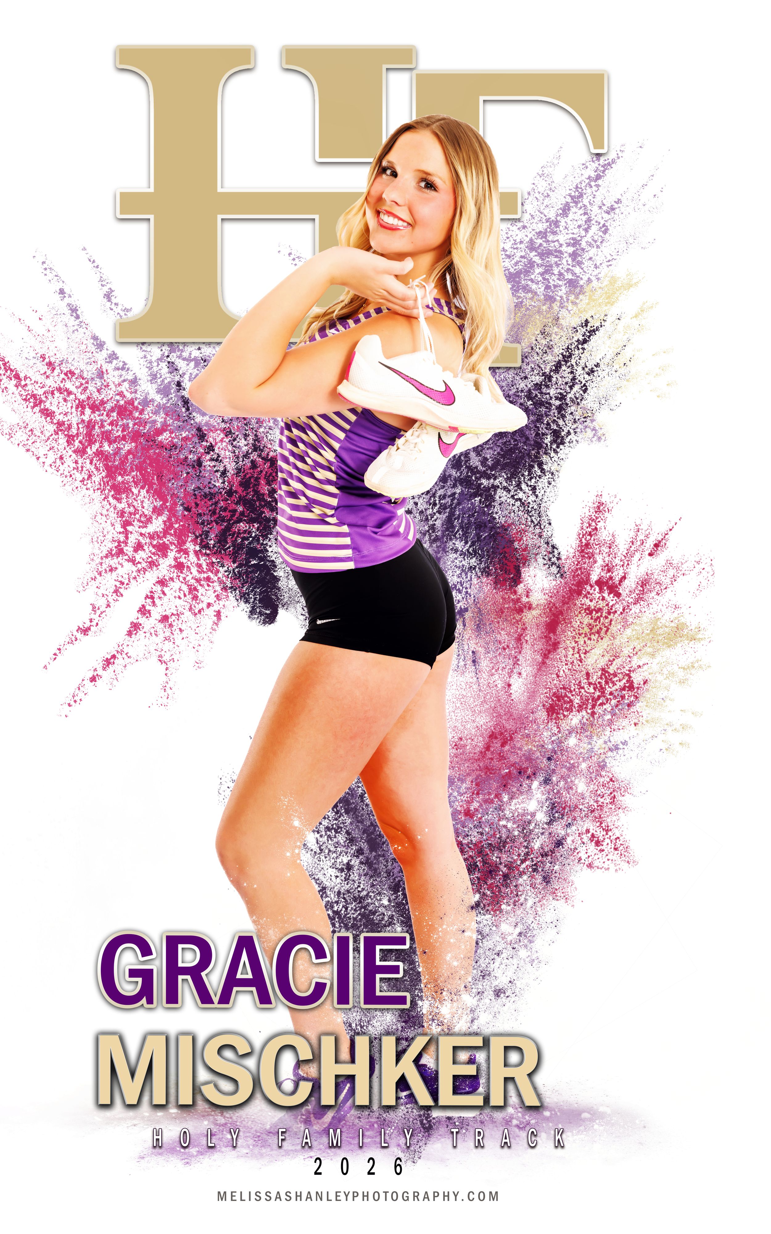 Athletic dancer poses in purple and black outfit with dynamic powder explosion effect in artistic photo series.