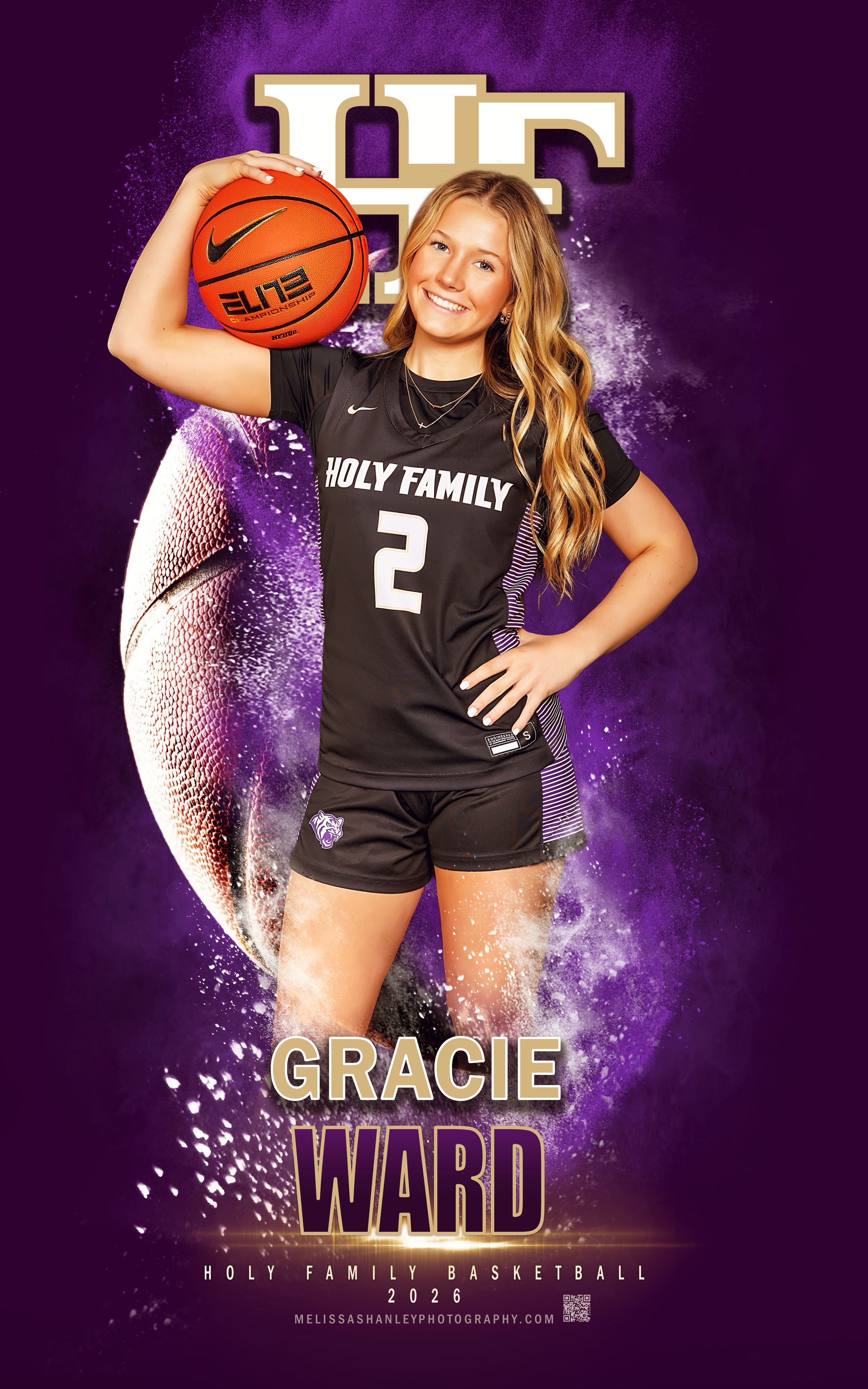 Basketball player poses in black Holy Family uniform against purple background with dynamic lighting effects.
