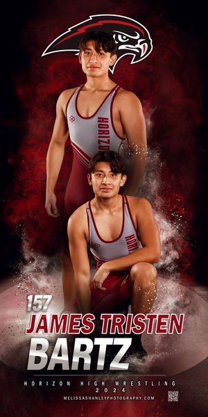High school wrestler's dramatic sports portrait series with red smoke effects and Horizon High Wrestling branding on dark background.