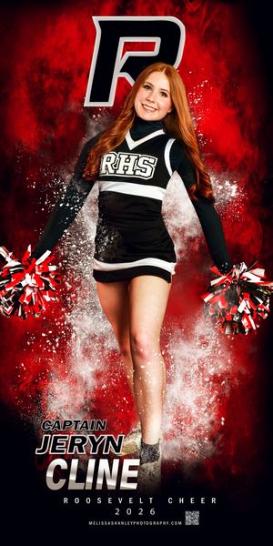 High school cheerleader sports photos against dramatic red and white grunge background with school spirit elements.