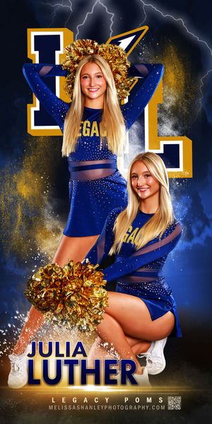 Cheerleader in blue uniform with gold poms performs dynamic poses against dramatic stormy background with lightning effects.