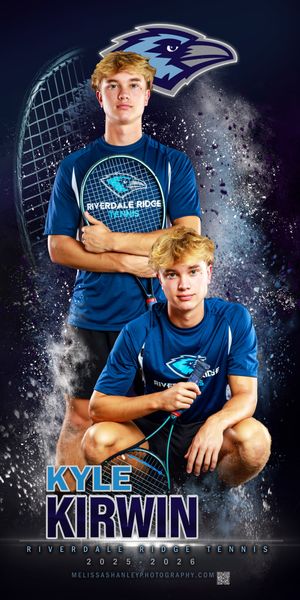 High school athlete poses in blue tennis uniform against dramatic dark backdrop with lighting effects and overlaid text graphics.