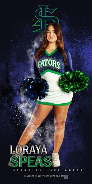 A cheerleader in a Gators uniform poses with green and blue pom poms against a dramatic dark blue backdrop with glitter effects.