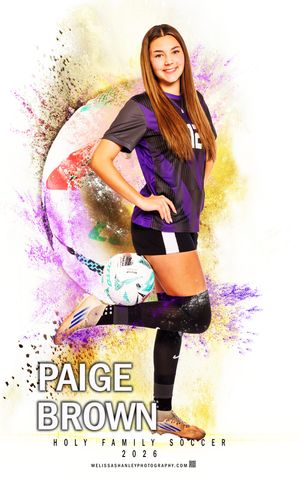 Athletic figure in purple top and black shorts poses dynamically against colorful paint splash background.