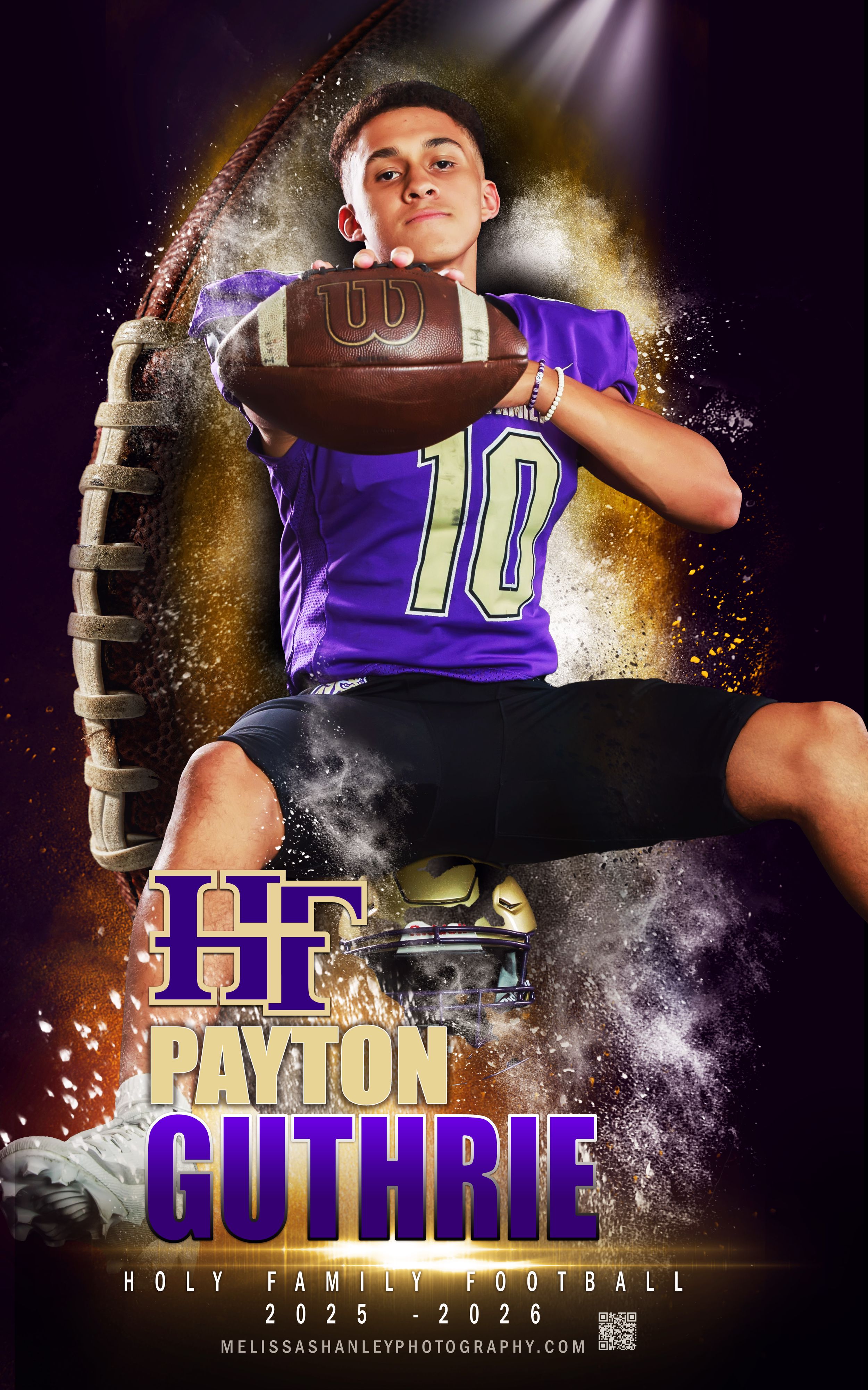A series of dark sports composites featuring a football player in purple uniform blended with dramatic smoke and lighting effects.