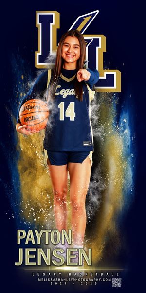 Female volleyball player poses with ball in navy uniform against dramatic blue and gold splatter effect background.