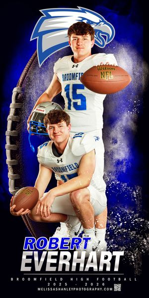 High school football portraits of athletes in blue and white uniforms shown against dramatic backlit backgrounds.