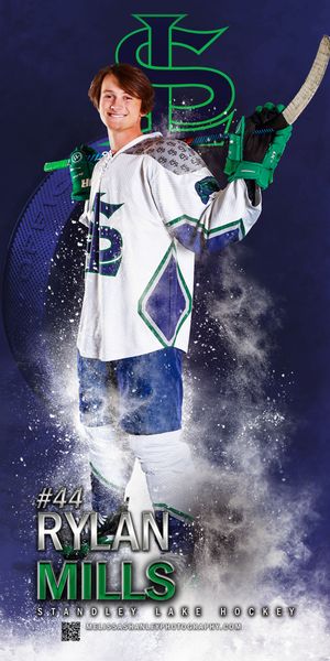 Dynamic hockey player in white uniform emerges from swirling blue smoke effect with green text overlay and dollar sign graphics.