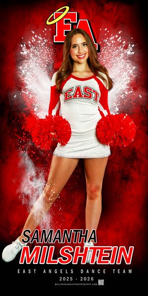 A cheerleader in white and red uniform with red pom-poms poses against a dramatic red and white explosive background effect.