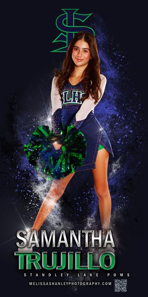 Cheerleader poses with green and blue pom poms against dark background with sparkle effects and sports team branding.