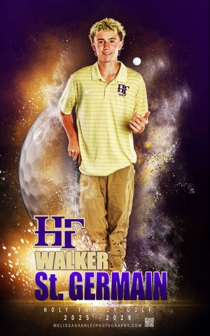 Male golfer in yellow polo shirt poses against dramatic cosmic background with sparkles and Walker St. Germain text overlay.