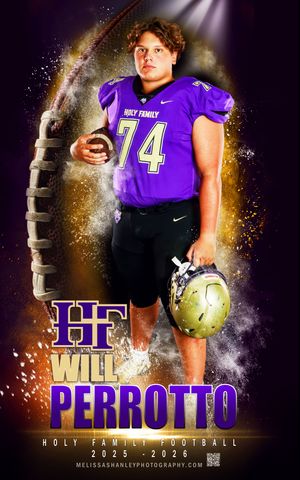 High school football player in purple and black uniform stands against cosmic-themed background with dramatic lighting effects.