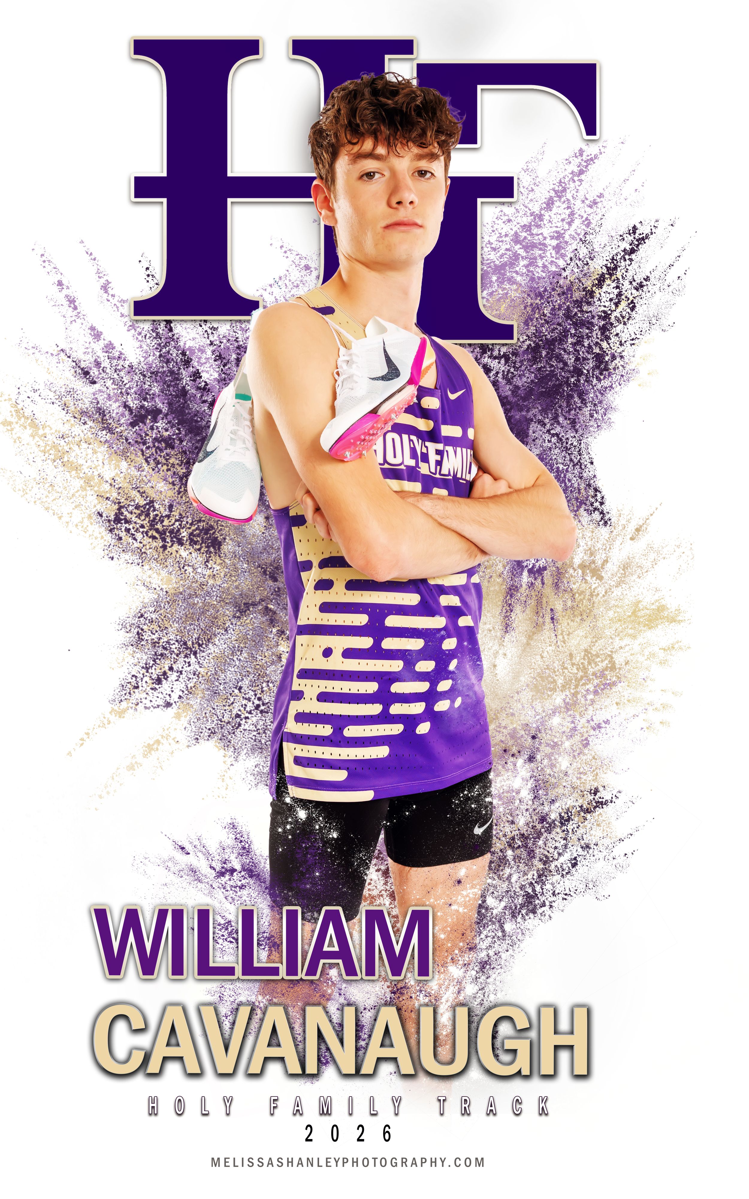 High school athlete in purple and white track uniform poses against artistic lavender smoke effect background.