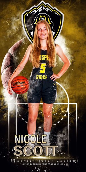 Basketball player in navy jersey poses for dramatic sports composite with lighting effects and sparkles against dark background.