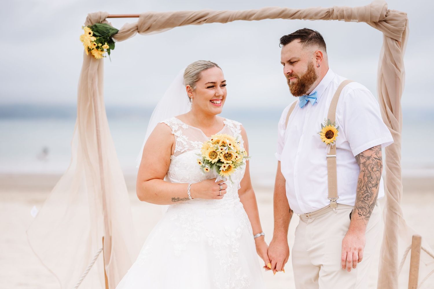 Beach Wedding UK.  Weymouth Beach. Weymouth beach wedding. Seaside wedding UK. Outdoor wedding Dorset. Celebrant Weymouth. Sunflowers Dorset