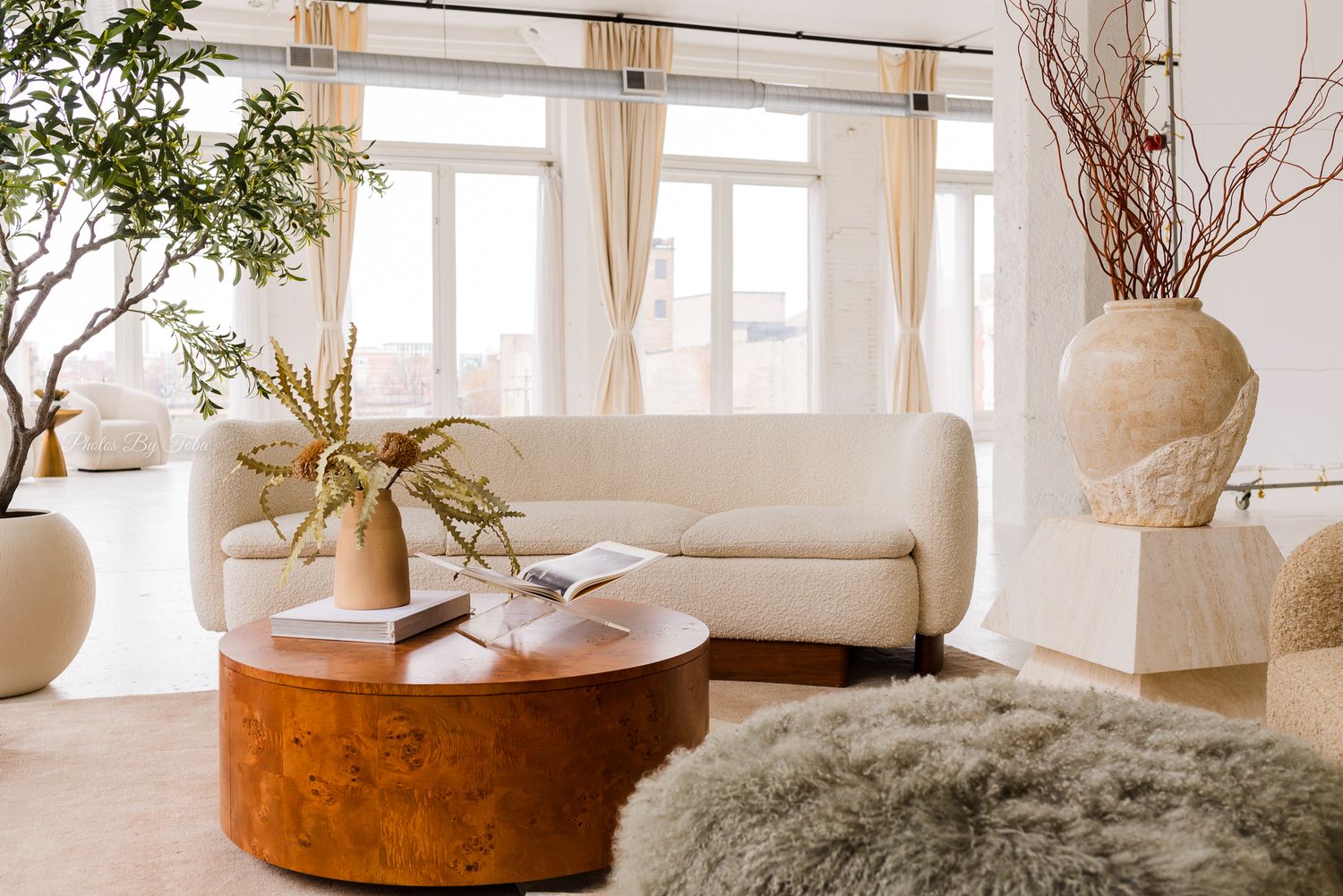 Serene living room with natural light, plants and neutral decor showing different angles.