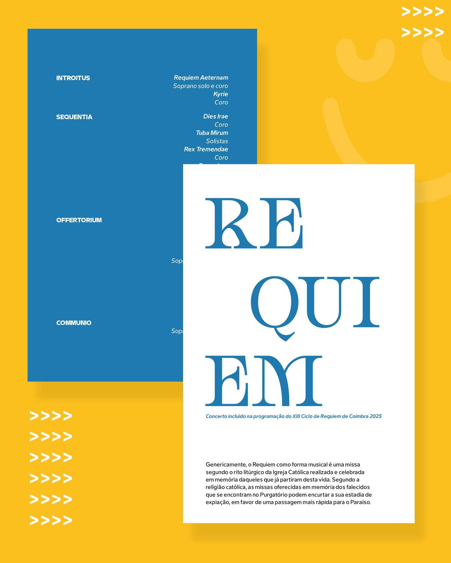 Modern editorial design layout with 'REQUIEM' text in blue and white.