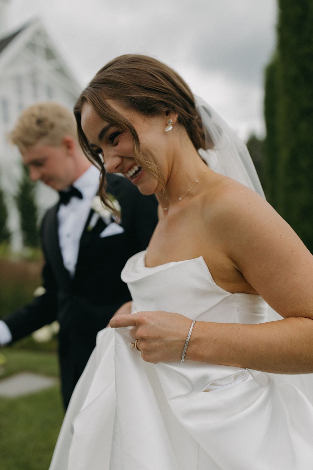 Candid wedding photography sequence showing intimate moments in an outdoor setting.