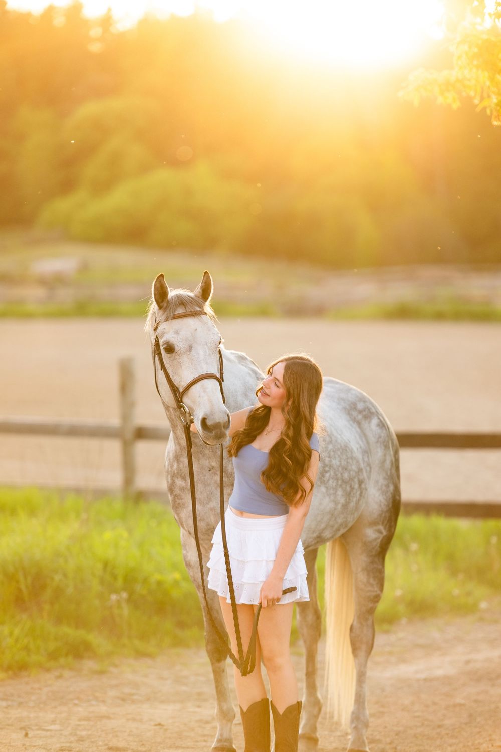 Beautiful white horse and companion standing together on dirt path at golden sunset with wooden fence in background.