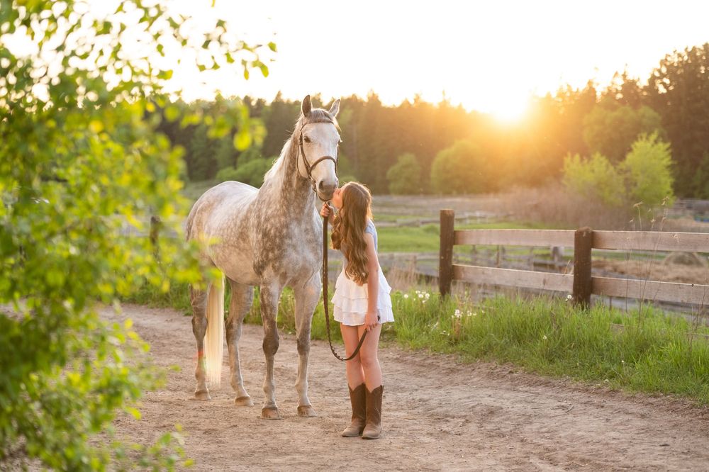 A romantically backlit couple walks with their horses along a path during golden hour sunset.