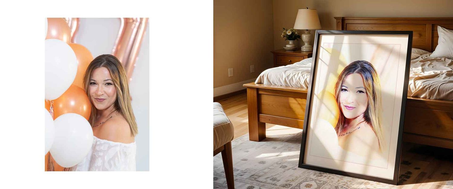 Uma fotografia de retrato, tratada artisticamente para decorar uma sala ou um escritório, impressa em tela ou em papel fotográfico.