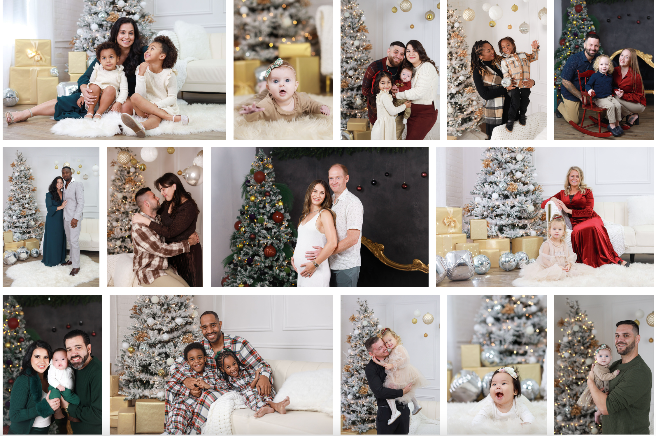 A collection of warm and intimate holiday photography showing festive moments around decorated Christmas trees and interiors.