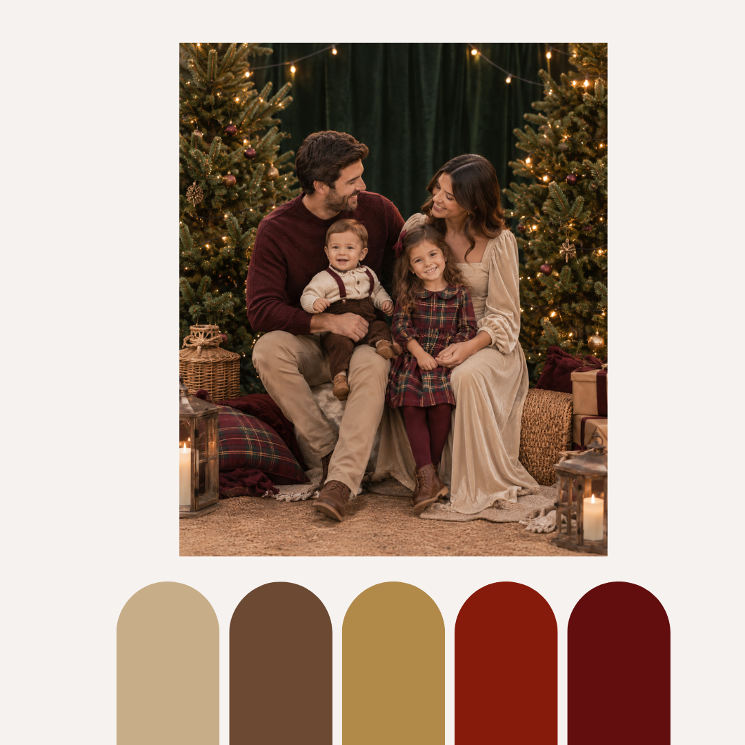 Classic Christmas color palette featuring five swatches in green, beige, and burgundy tones.