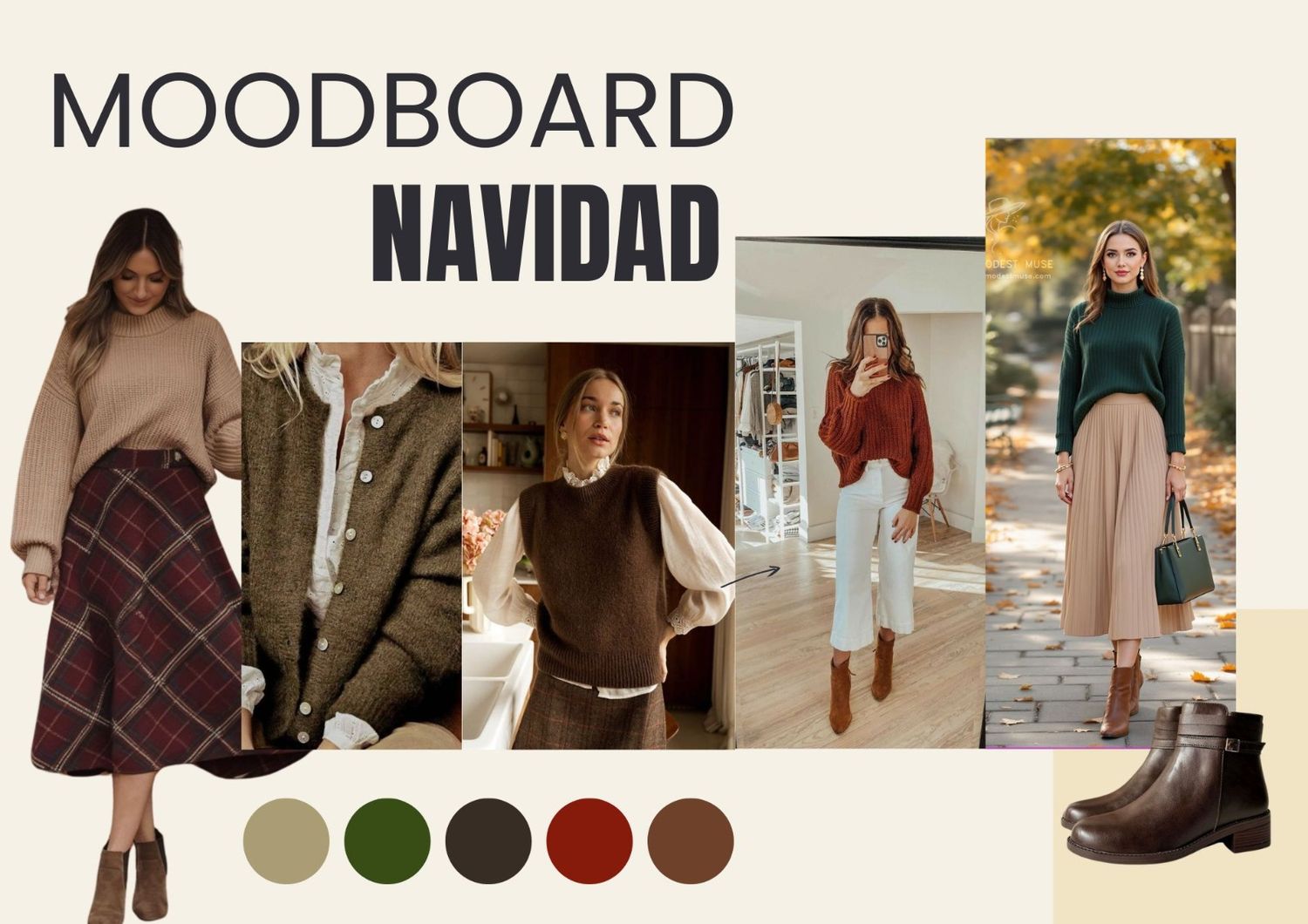 Classic Christmas color palette featuring five swatches in green, beige, and burgundy tones.