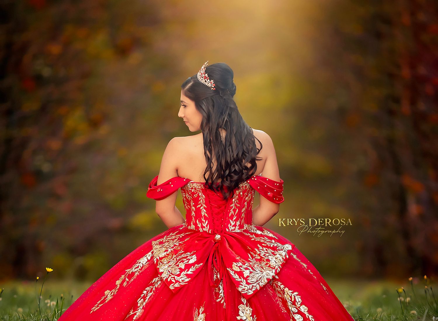 A person in a luxurious red ball gown with gold embellishments poses elegantly on a dark background.