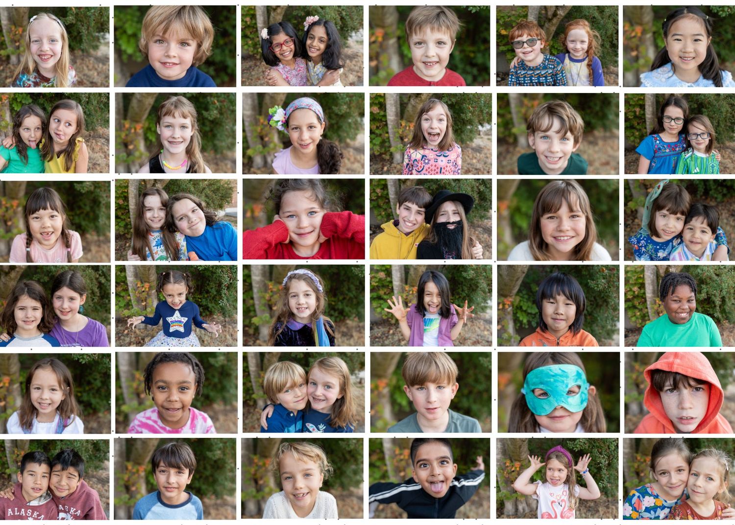 A photo collage grid showing multiple candid portraits of children in casual settings with various expressions and poses.