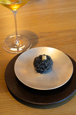 Small portion of black caviar elegantly presented on a white plate with cocktail glass in background.