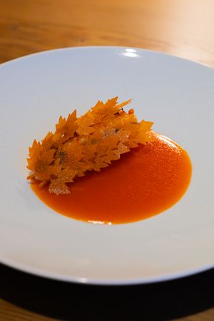 Orange tomato-based sauce topped with crispy amber-colored bonito flakes on a white plate.