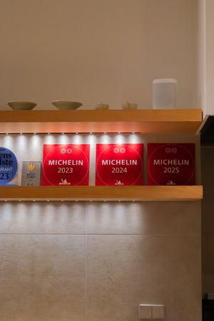Row of red Michelin restaurant guide books displayed on wooden shelf against beige wall.