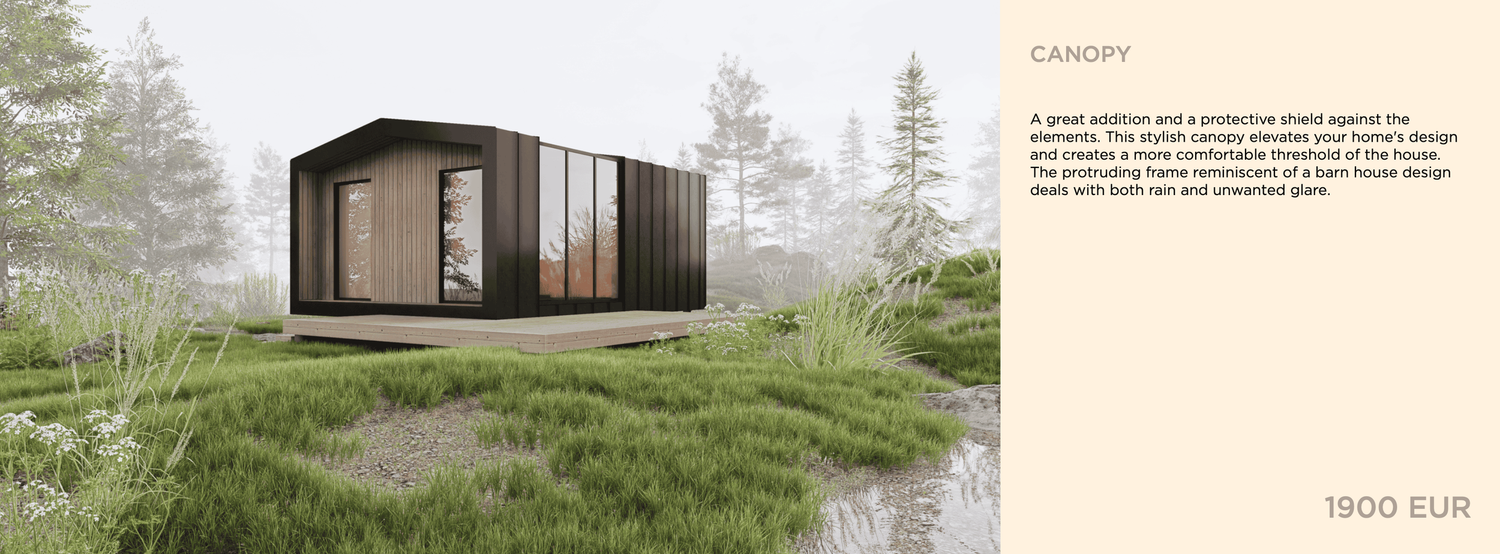 A modern minimalist cabin design with floor plan sits nestled in a green hillside landscape.