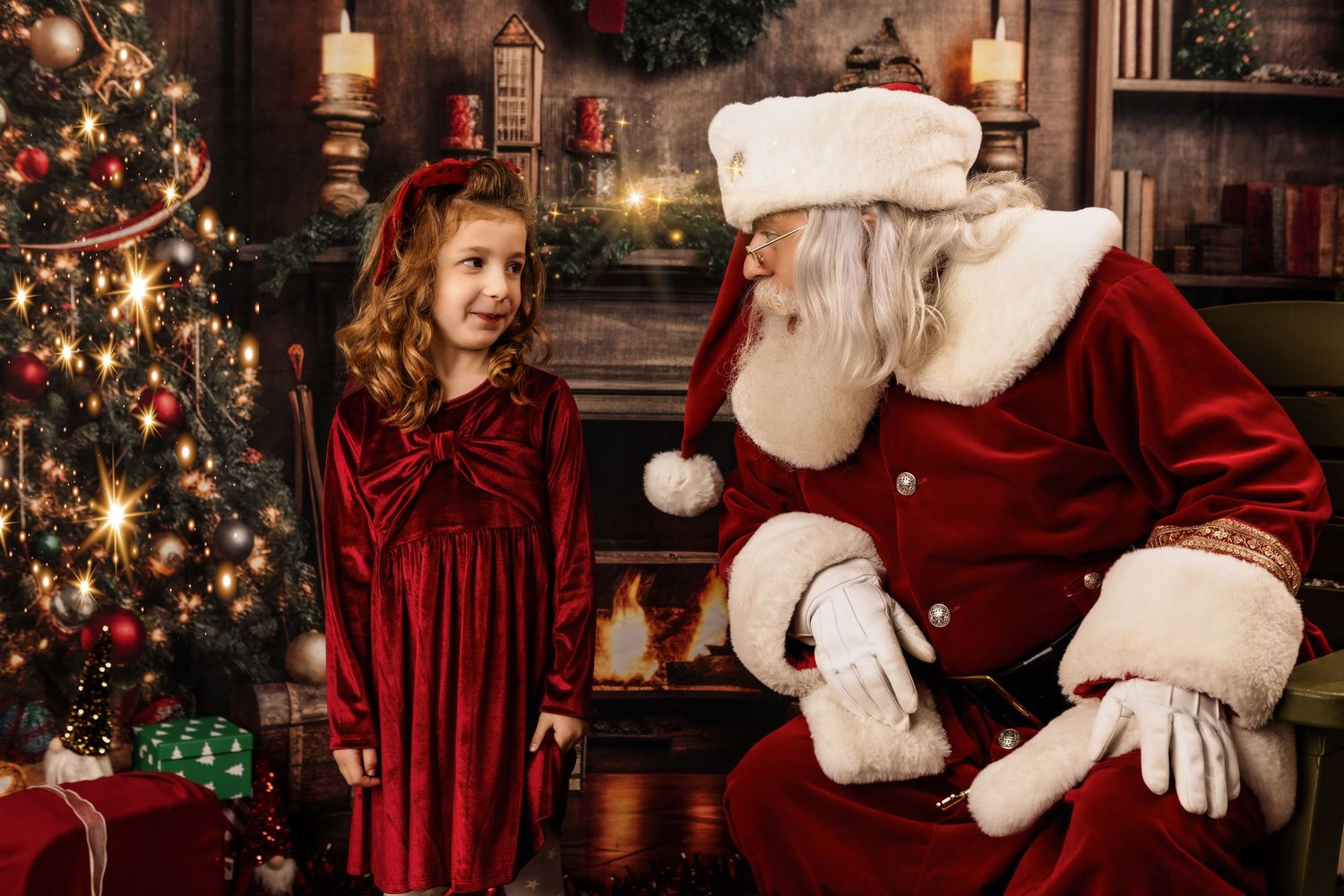 A group of five connected holiday scenes showing a decorated Christmas living room with twinkling lights and festive decor.