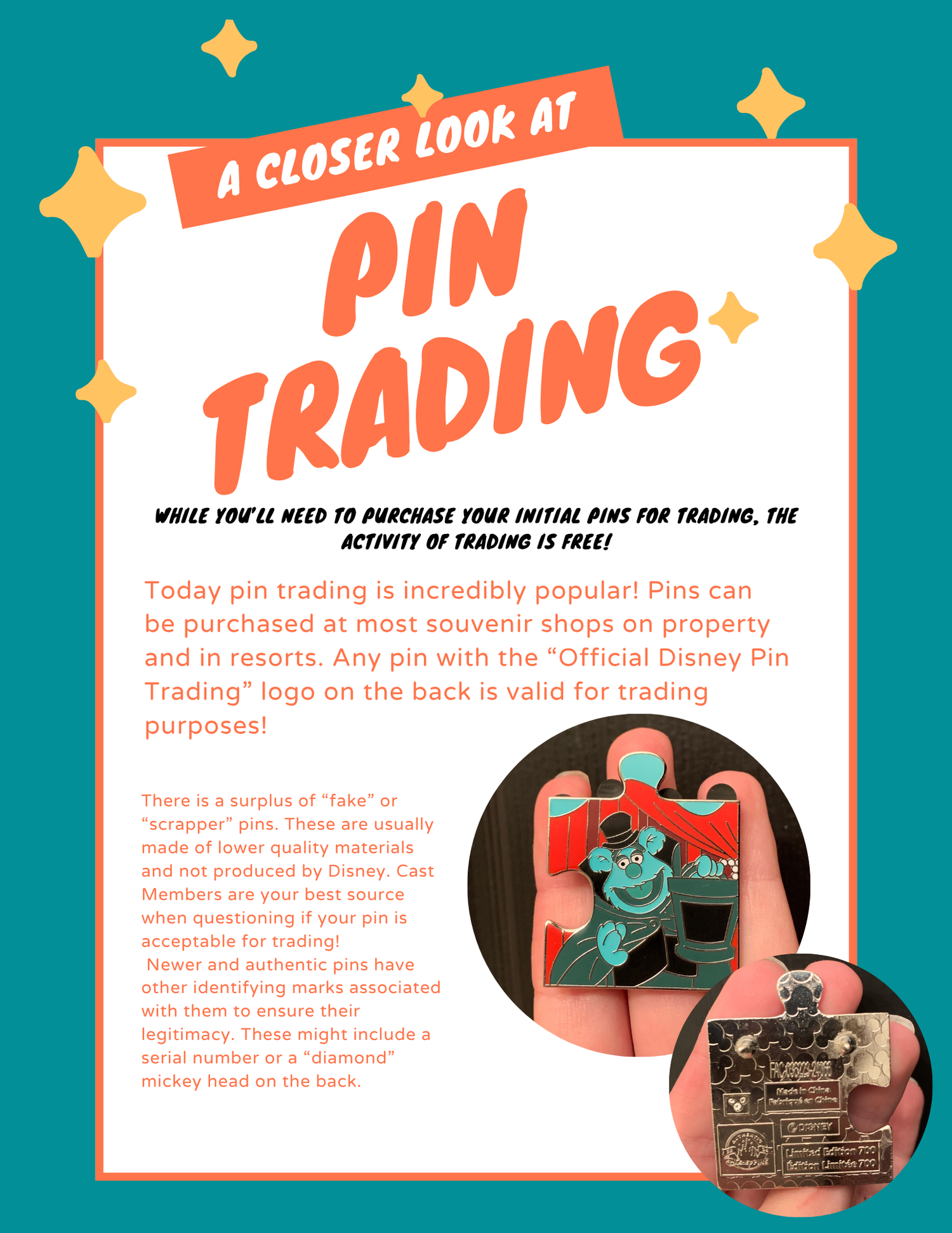 Close-up photos of Disney trading pins with text describing how pin trading works.