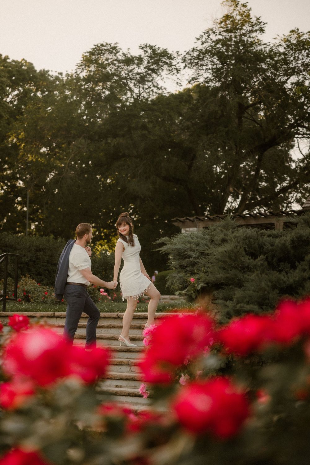 A couple stands on garden steps at sunset with vibrant red roses blooming in the foreground. Powell Gardens.