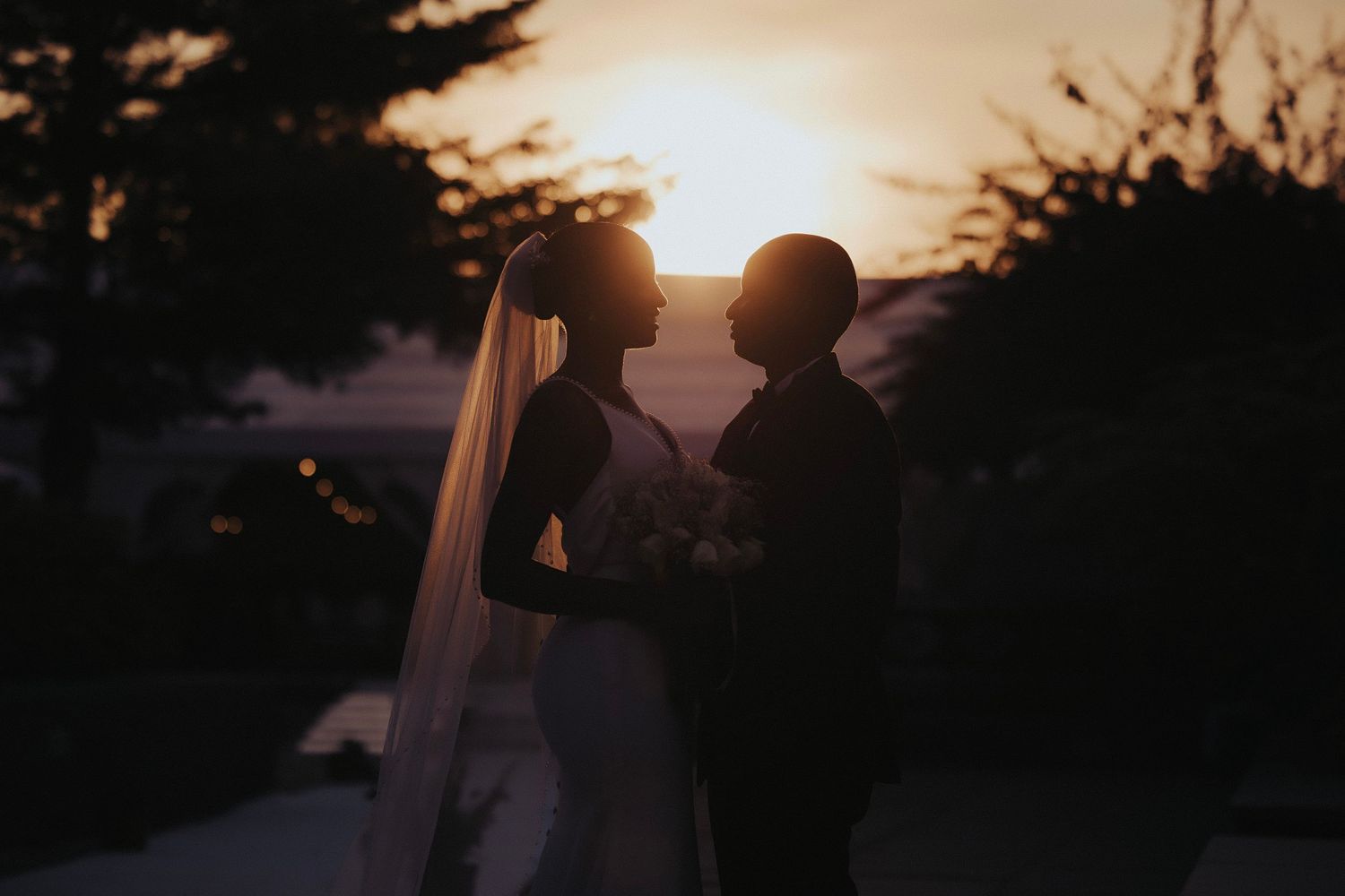 Silhouette of couple embracing during sunset with dramatic backlight.