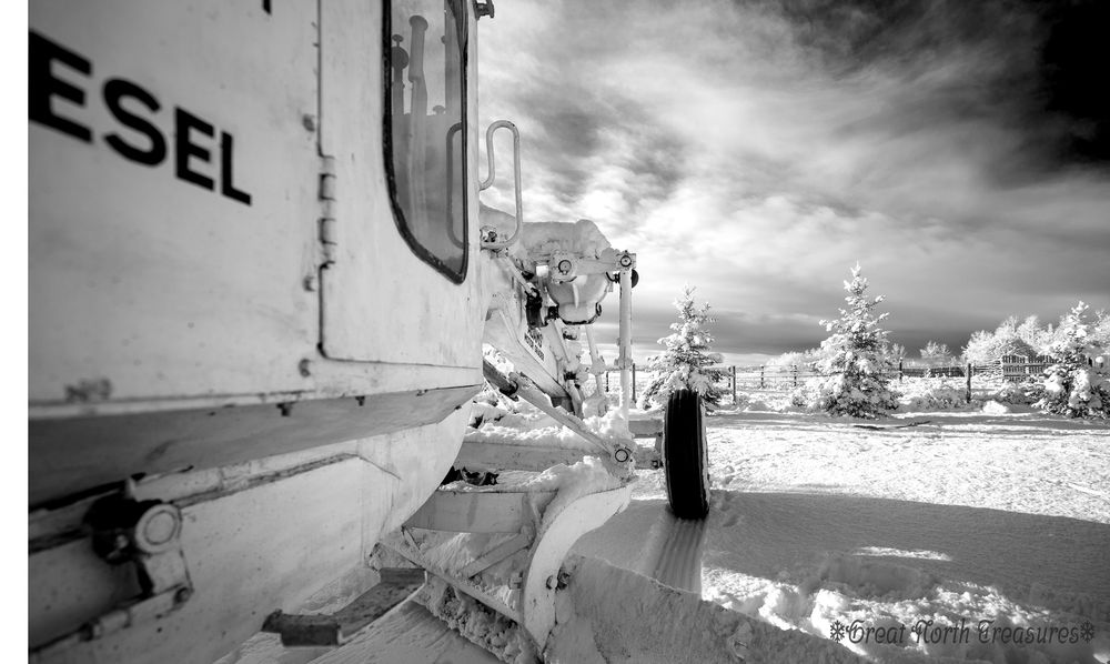Adams Grader in winter, Black and White.