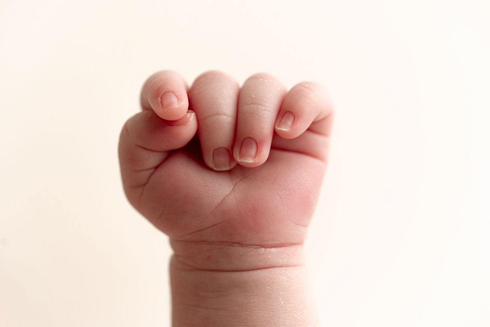Three tiny baby hands reaching upward against a light background. – newborn photographer Paloma Schell Houston TX