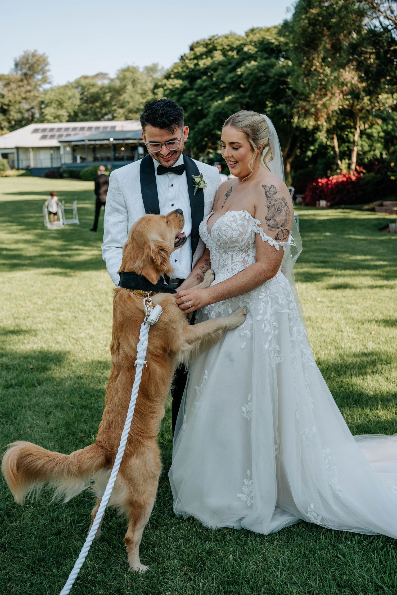 A golden retriever dog jumps up to greet a wedding couple outdoors on a sunny day in formal attire.