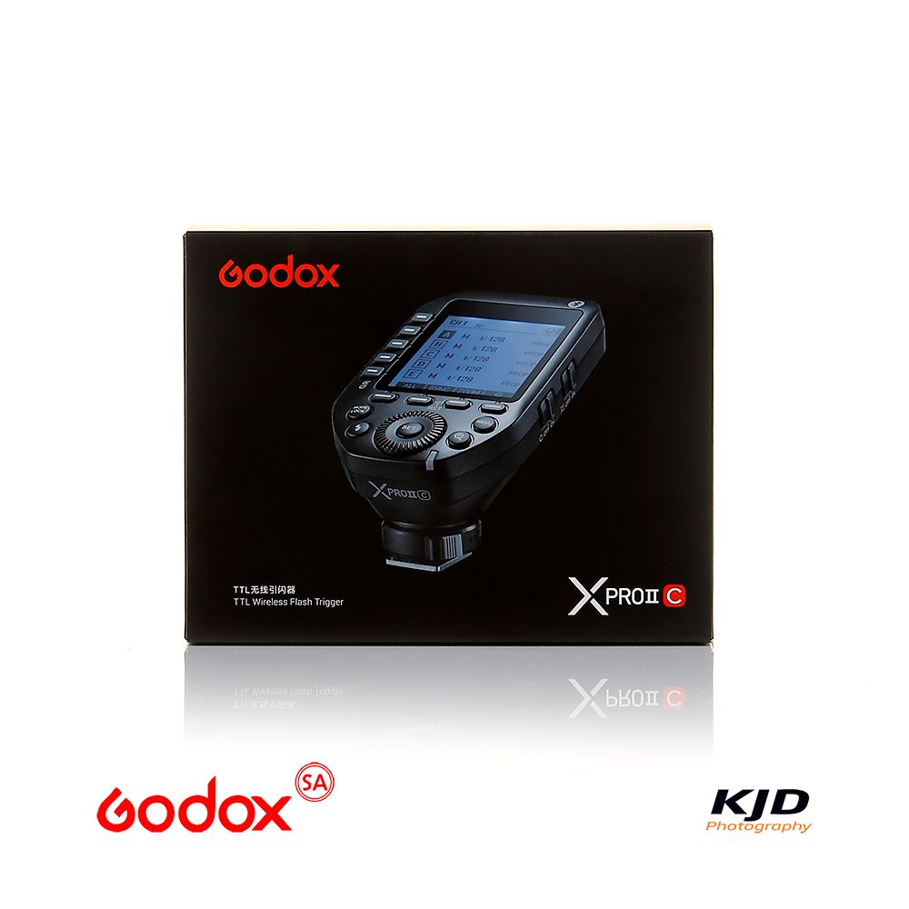 Black and silver Godox camera flash trigger devices shown in product marketing layout against dark background.