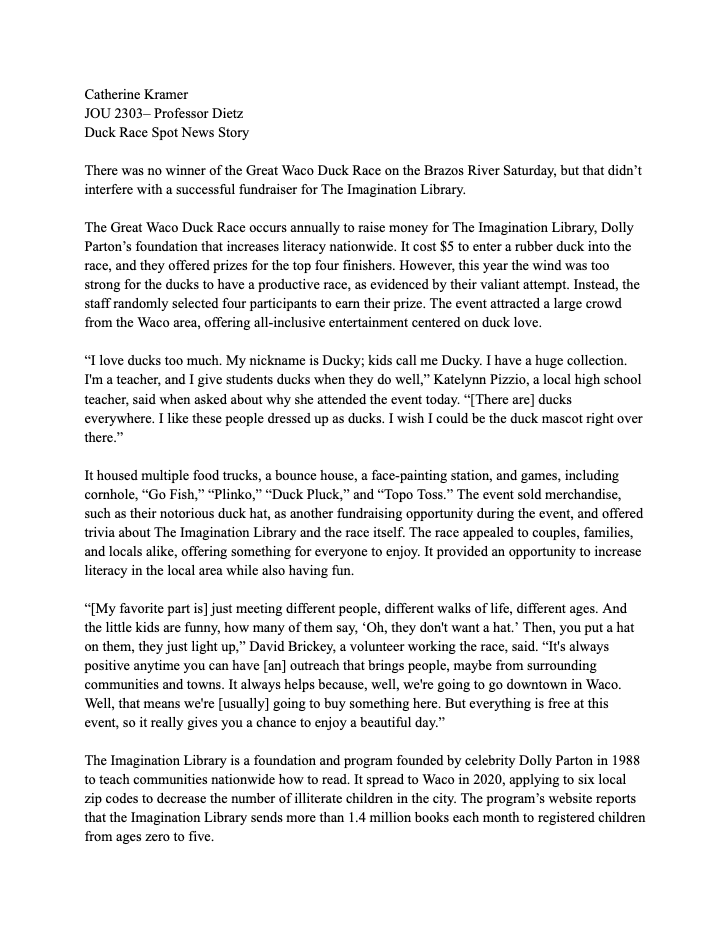 Journalism news story about the Great Waco Duck Race fundraiser event for The Imagination Library charity.