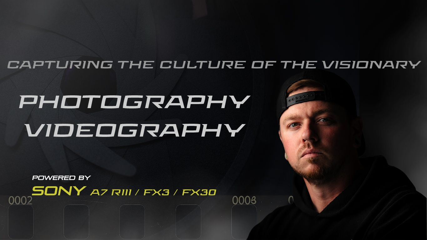 Dark banner with text reading 'Capturing the Culture of the Visionary' and 'Photography' with professional lighting effects.
