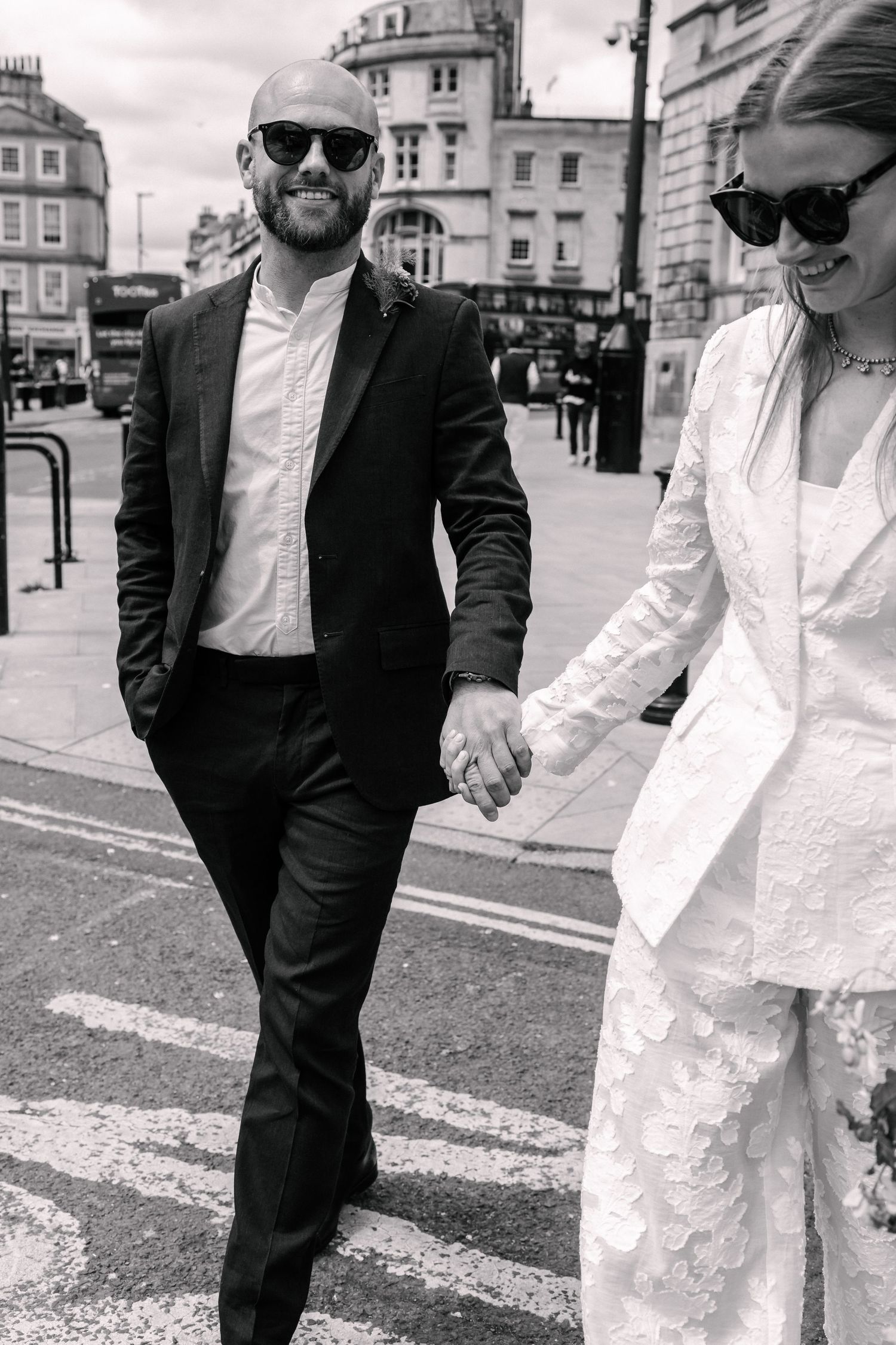 Editorial couple photo outside the Guildhall Bath