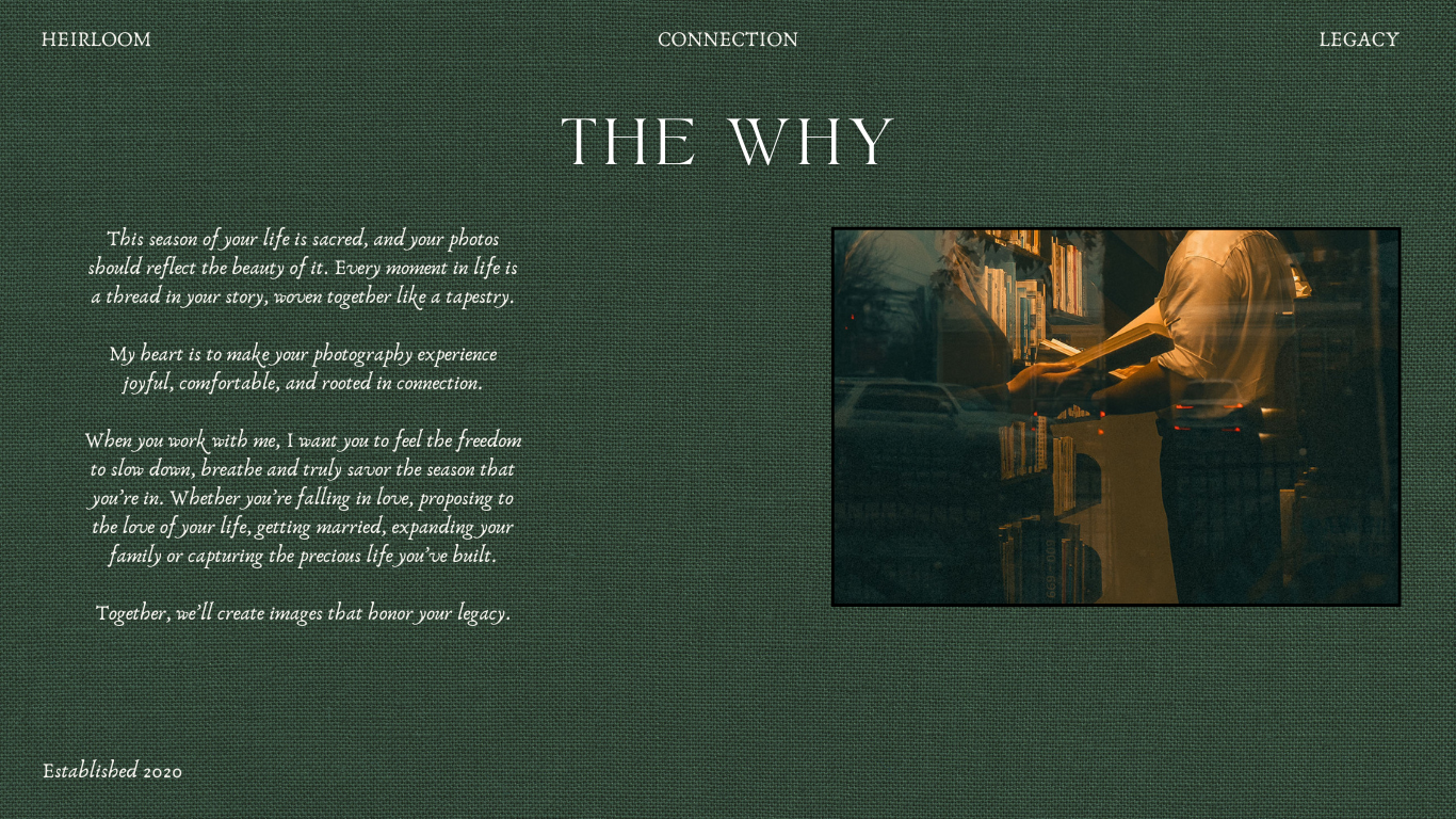 Dark green website design layout with text overlays and moody photographic elements.